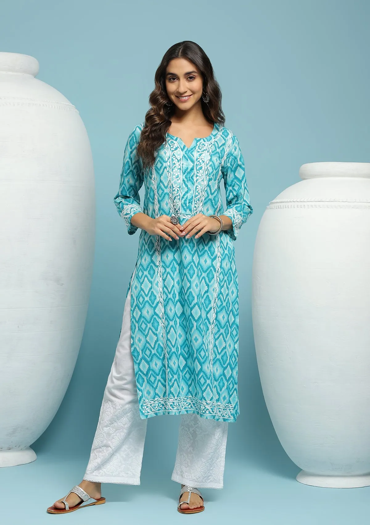 Cotton Chikankari Ikkat Printed Women's Long Kurta - Blue