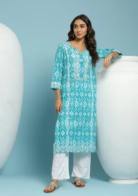 Cotton Chikankari Ikkat Printed Women's Long Kurta - Blue