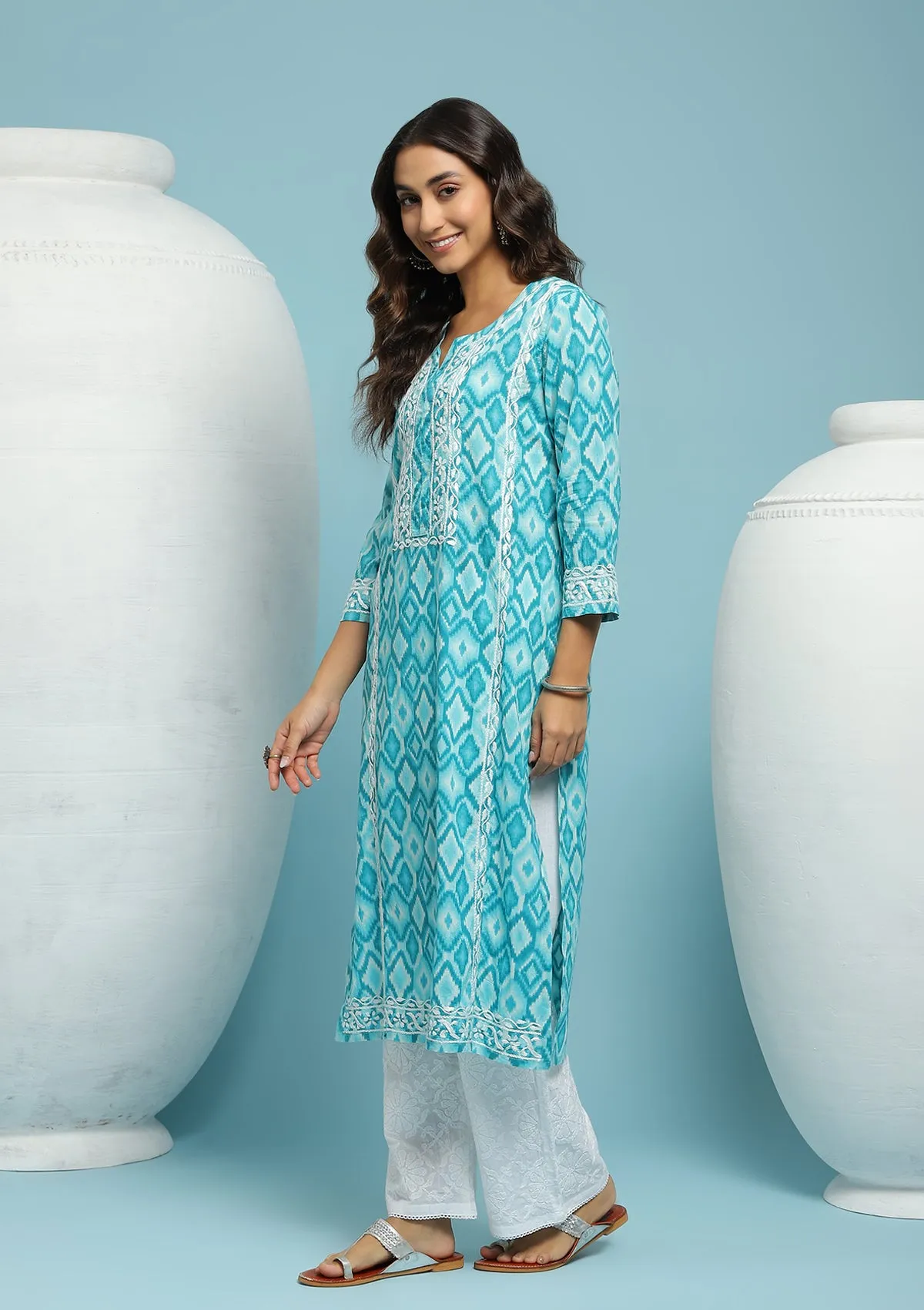 Cotton Chikankari Ikkat Printed Women's Long Kurta - Blue