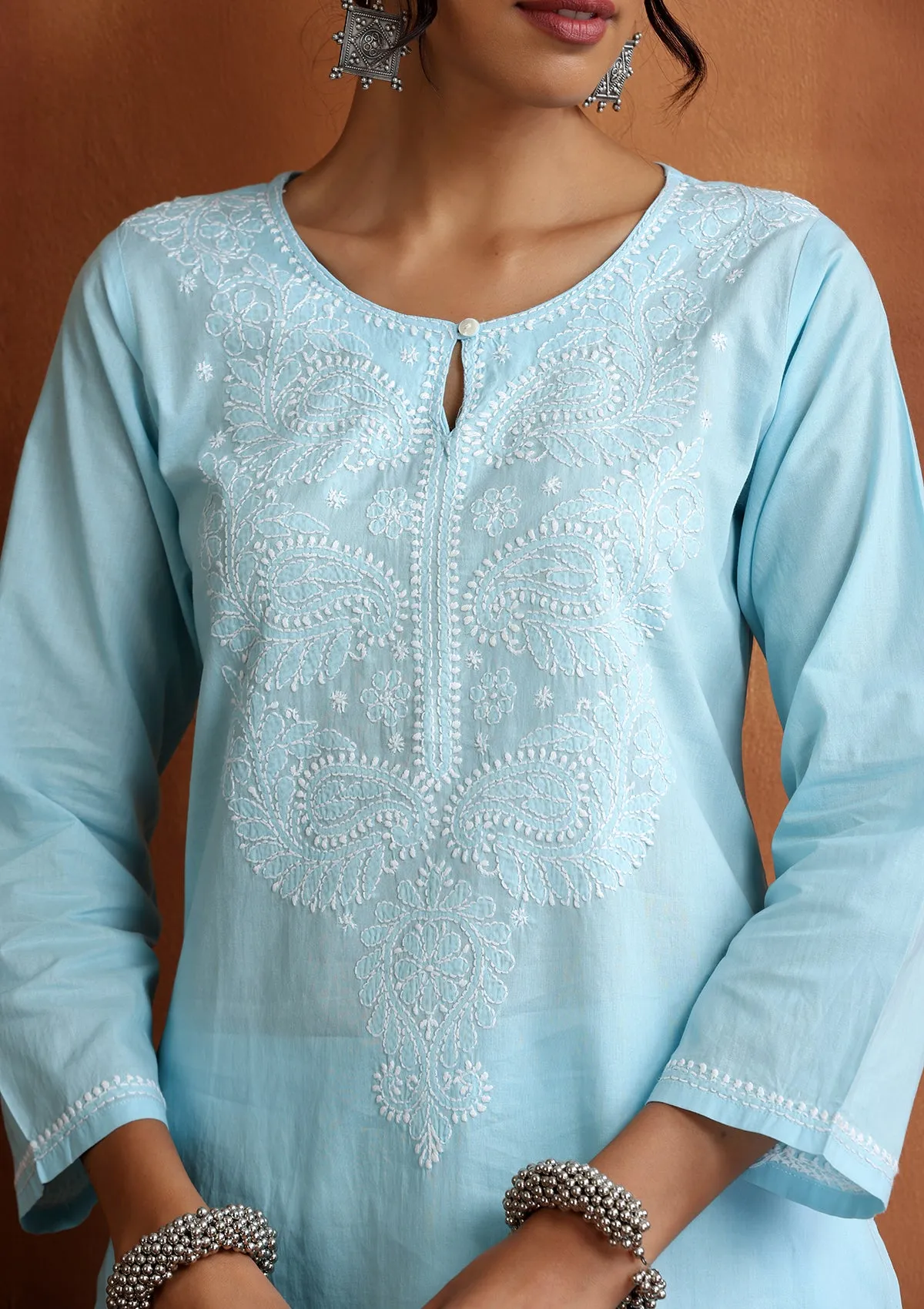 Cotton Chikankari Solid Women's 2 PC Long Kurta Set - Sky Blue