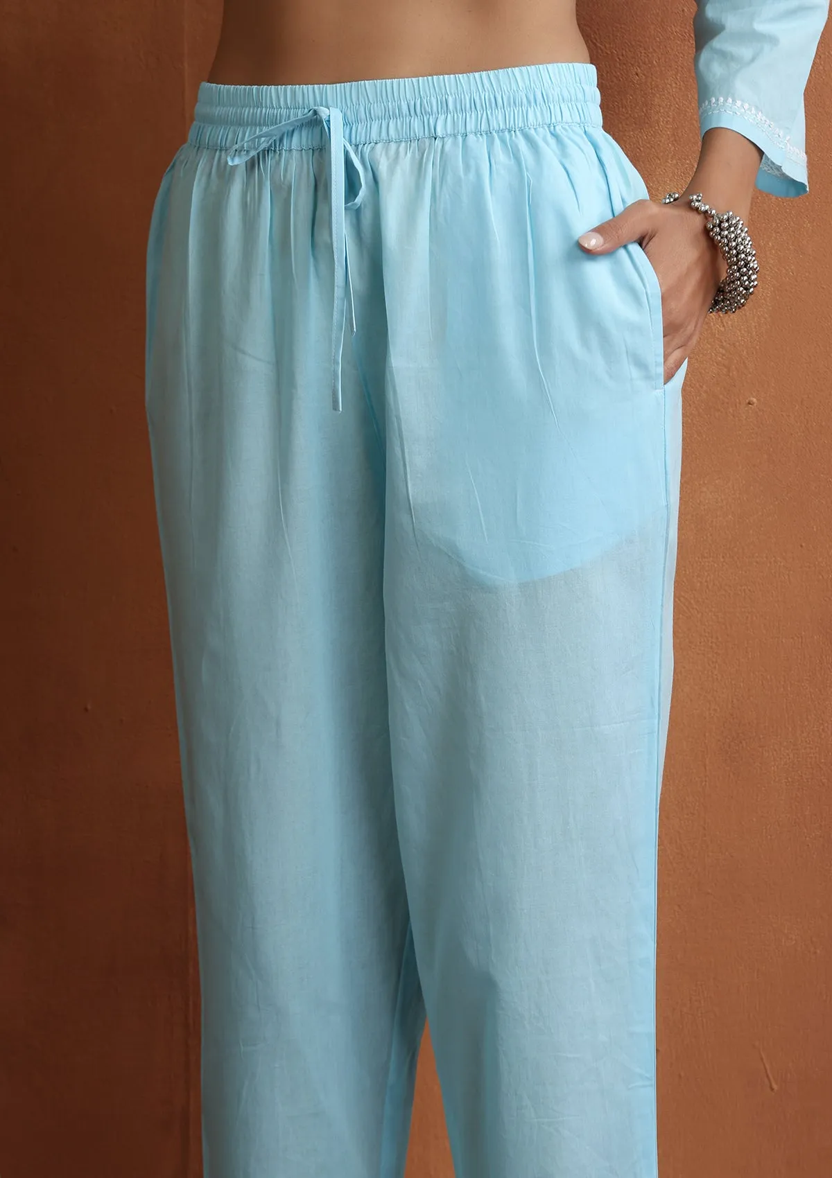 Cotton Chikankari Solid Women's 2 PC Long Kurta Set - Sky Blue