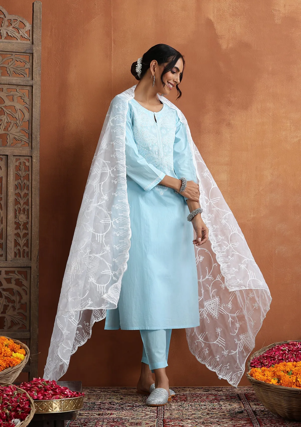 Cotton Chikankari Solid Women's 2 PC Long Kurta Set - Sky Blue