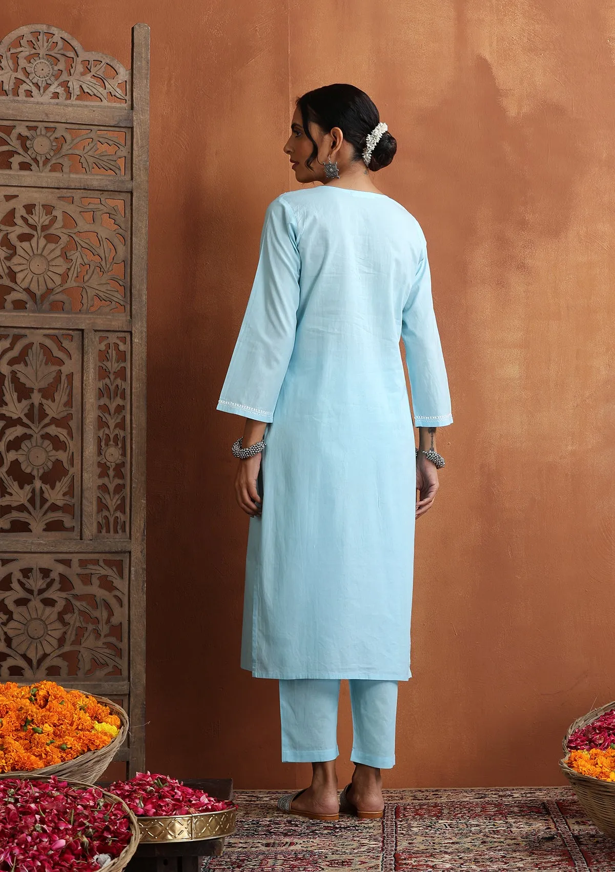 Cotton Chikankari Solid Women's 2 PC Long Kurta Set - Sky Blue