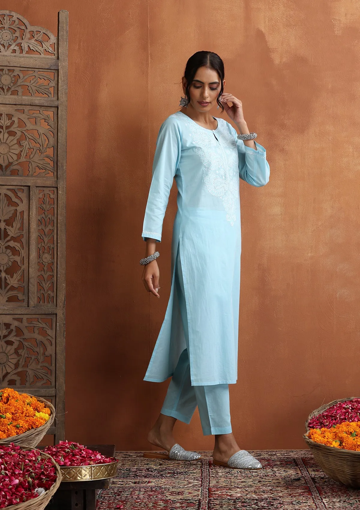 Cotton Chikankari Solid Women's 2 PC Long Kurta Set - Sky Blue
