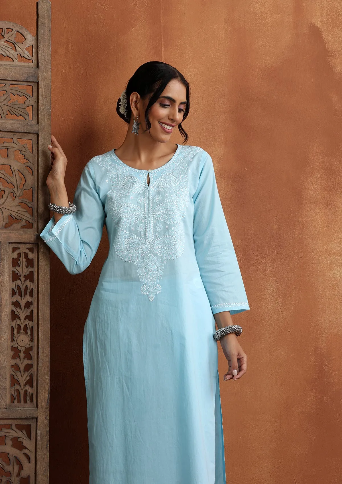 Cotton Chikankari Solid Women's 2 PC Long Kurta Set - Sky Blue