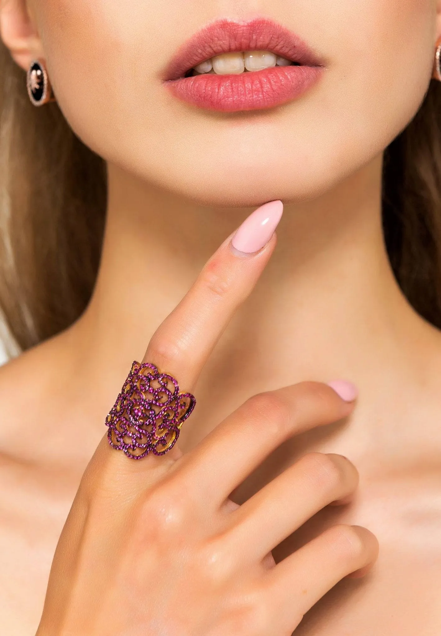 Countess Filigree Cocktail Ring Ruby Pink Gold