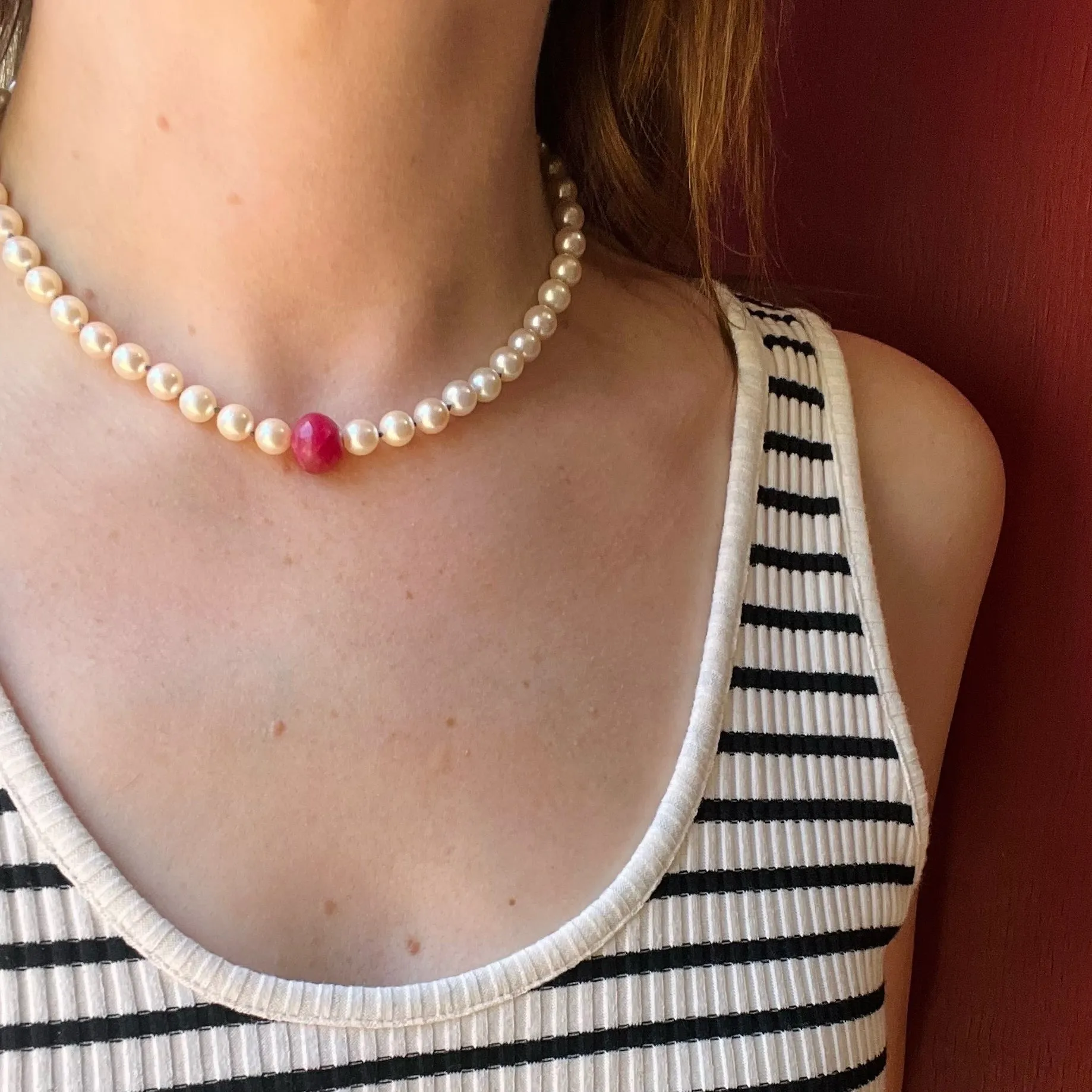 Creamy Pearls with Ruby Bead Accent by Ancient Influences