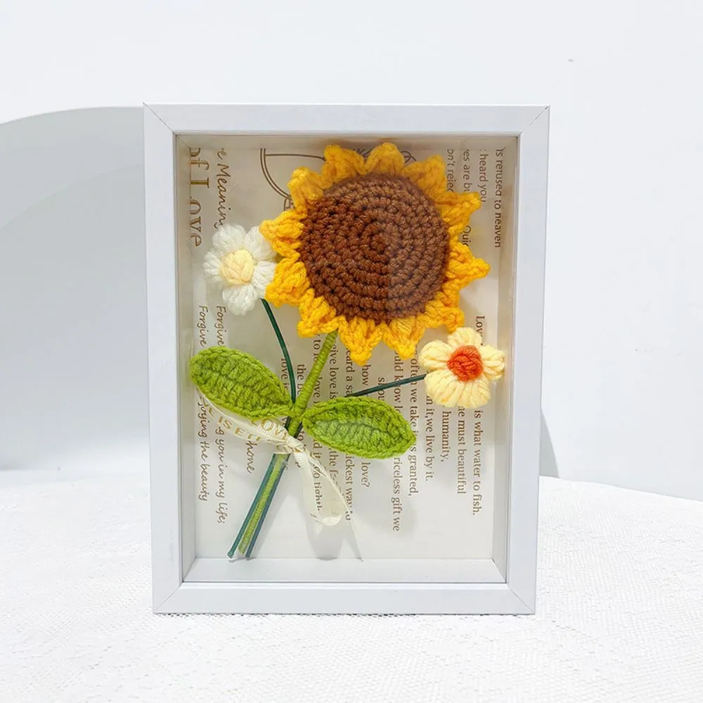 Crochet Bouquets Photo Frame Handmade Knitted Flower Shadowbox Frame Desktop Decoration