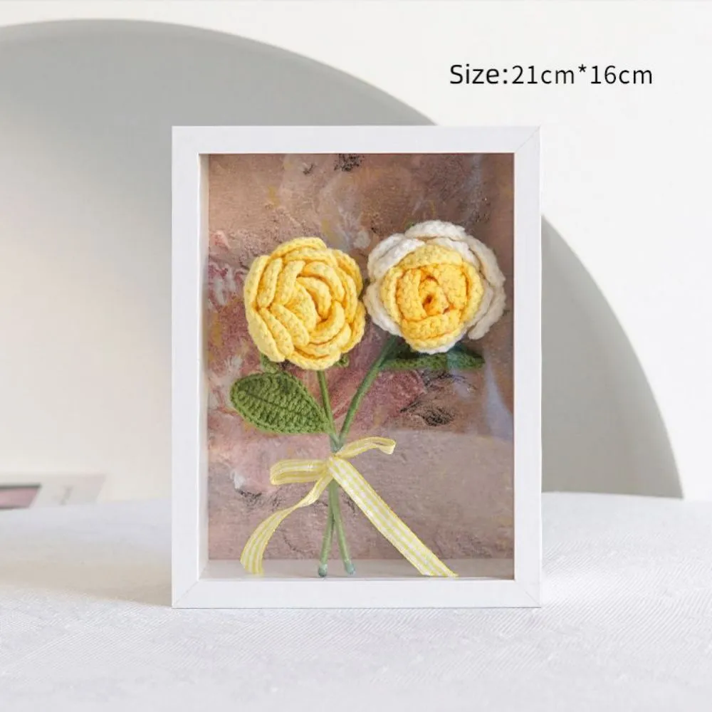 Crochet Bouquets Photo Frame Handmade Knitted Flower Shadowbox Frame Desktop Decoration
