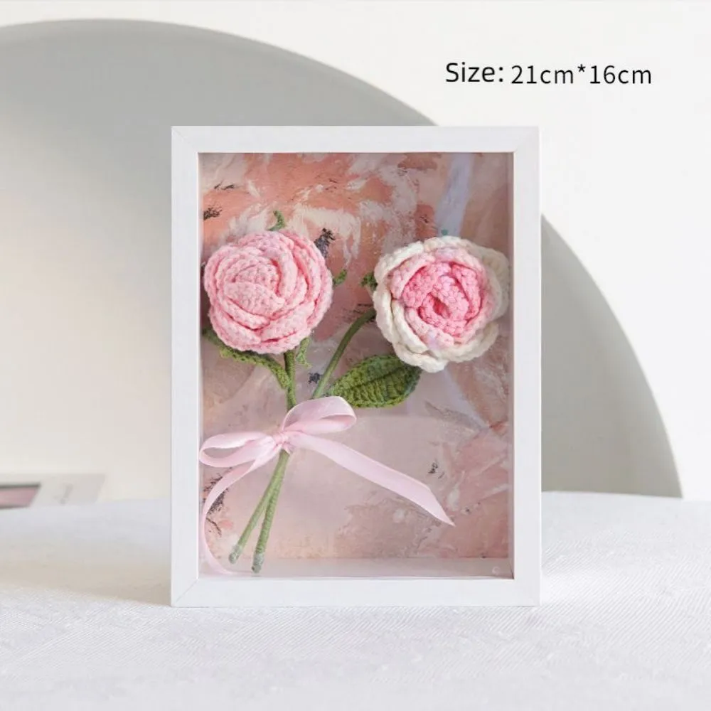 Crochet Bouquets Photo Frame Handmade Knitted Flower Shadowbox Frame Desktop Decoration