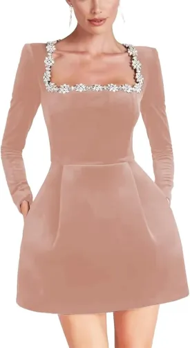 Crystal Square Neck Wedding Dresses for Brides Long Sleeve Velvet Short Bridal Gowns with Pockets