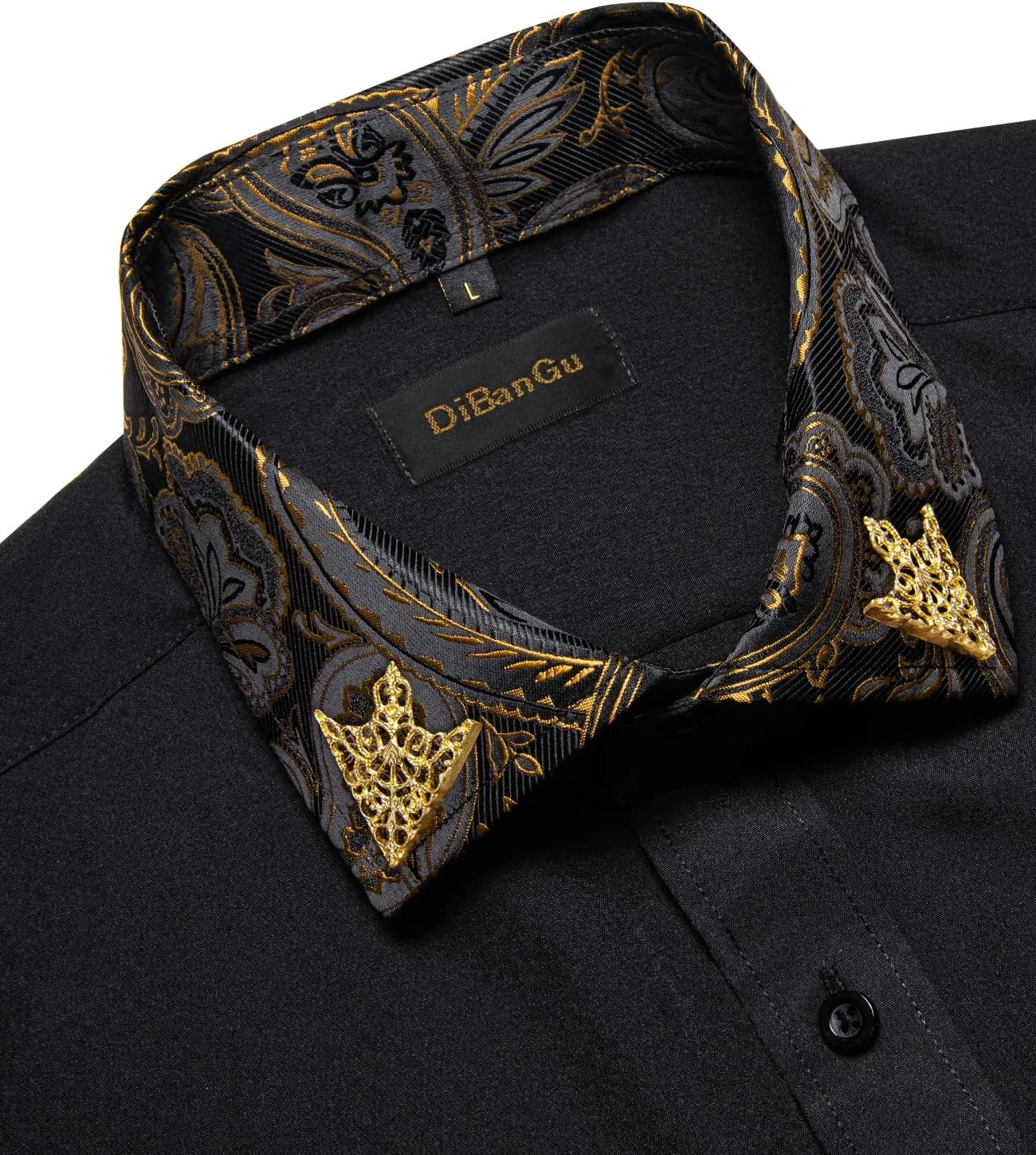 DiBanGu Men's Paisley Dress Shirts Long Sleeve Button Down Inner Contrast Casual Business Shirt with Collar Pin