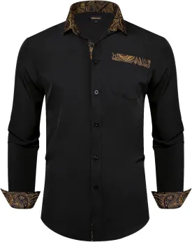 DiBanGu Men's Paisley Dress Shirts Long Sleeve Button Down Inner Contrast Casual Business Shirt with Collar Pin