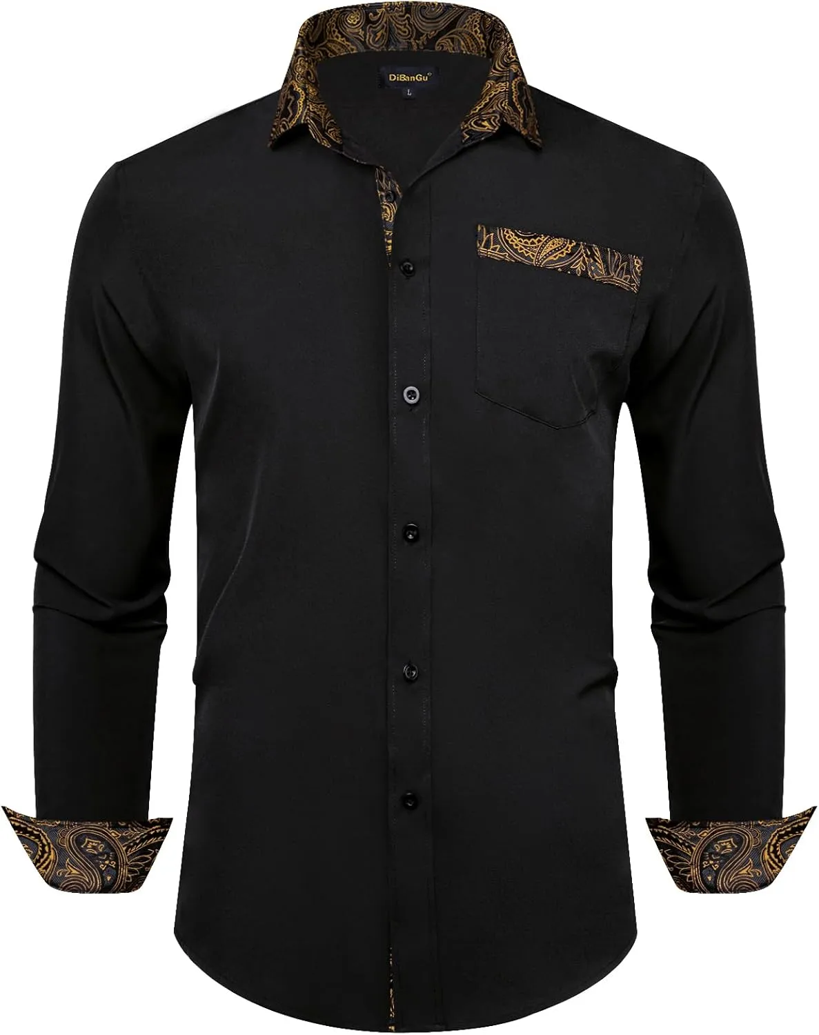 DiBanGu Men's Paisley Dress Shirts Long Sleeve Button Down Inner Contrast Casual Business Shirt with Collar Pin