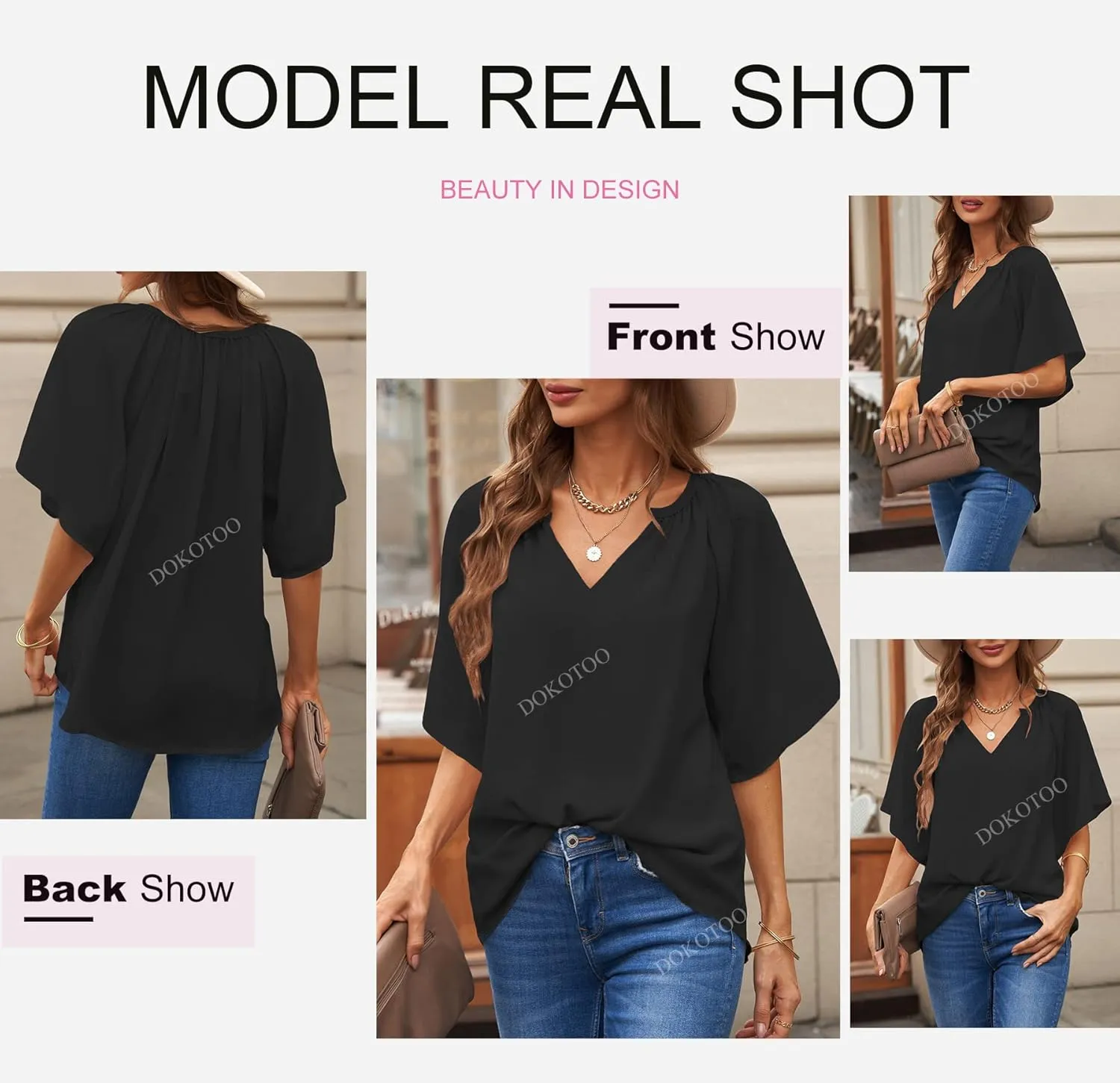Dokotoo Womens Summer Tops V Neck Short Sleeve Shirts Business Work Chiffon Women Blouses