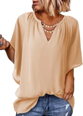 Dokotoo Womens Summer Tops V Neck Short Sleeve Shirts Business Work Chiffon Women Blouses