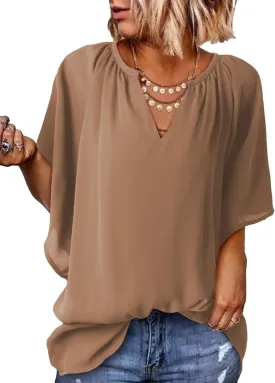 Dokotoo Womens Summer Tops V Neck Short Sleeve Shirts Business Work Chiffon Women Blouses