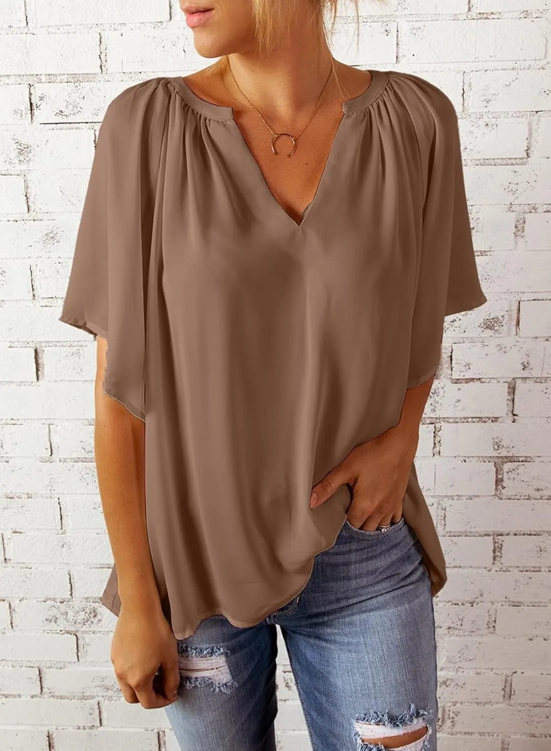 Dokotoo Womens Summer Tops V Neck Short Sleeve Shirts Business Work Chiffon Women Blouses