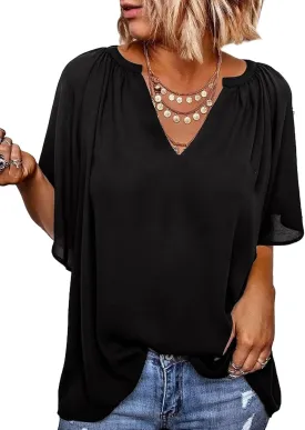 Dokotoo Womens Summer Tops V Neck Short Sleeve Shirts Business Work Chiffon Women Blouses