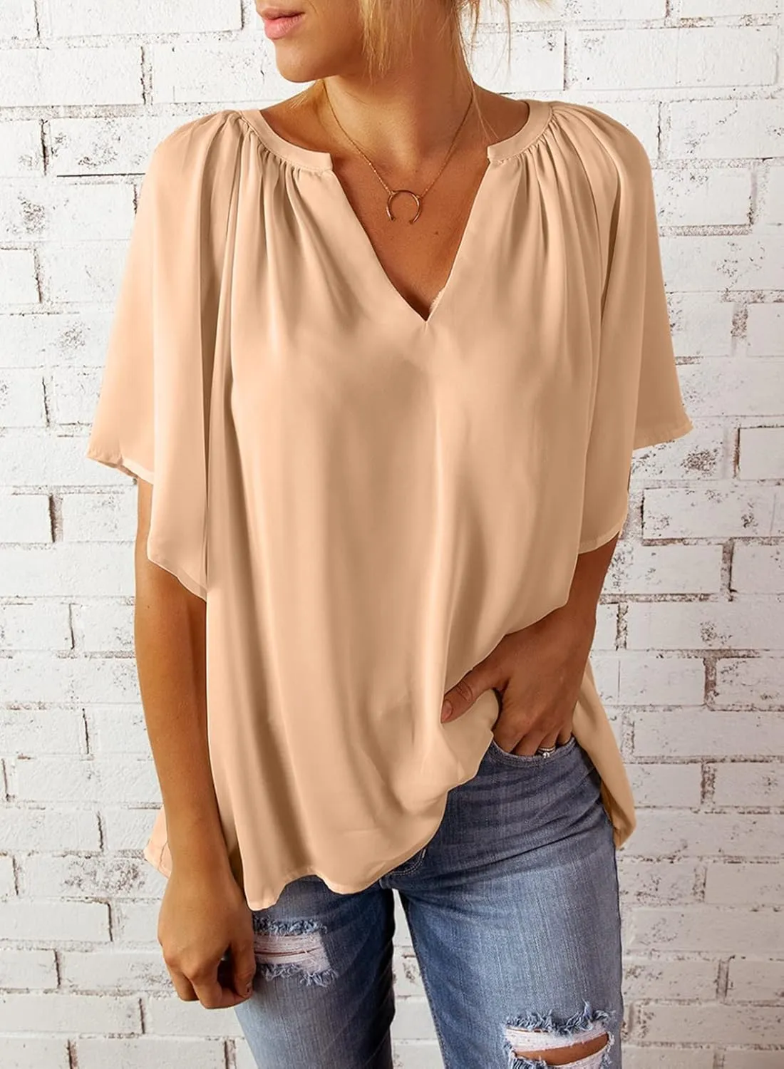 Dokotoo Womens Summer Tops V Neck Short Sleeve Shirts Business Work Chiffon Women Blouses