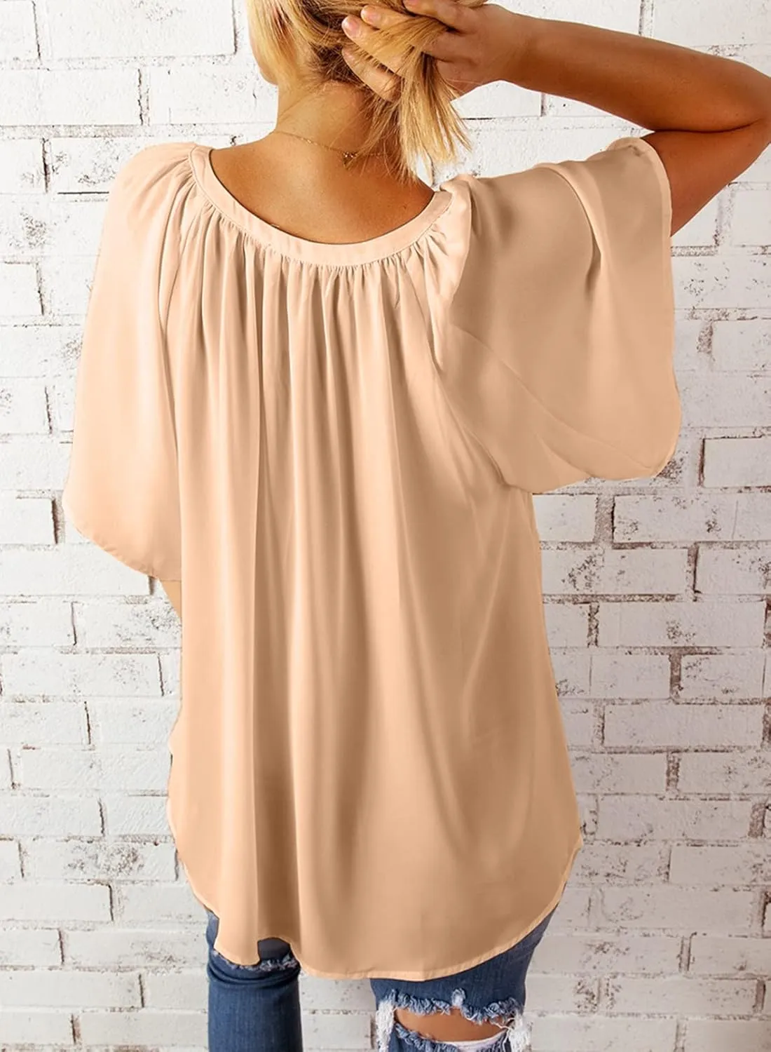 Dokotoo Womens Summer Tops V Neck Short Sleeve Shirts Business Work Chiffon Women Blouses