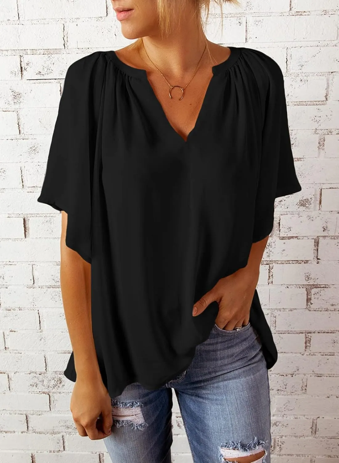 Dokotoo Womens Summer Tops V Neck Short Sleeve Shirts Business Work Chiffon Women Blouses