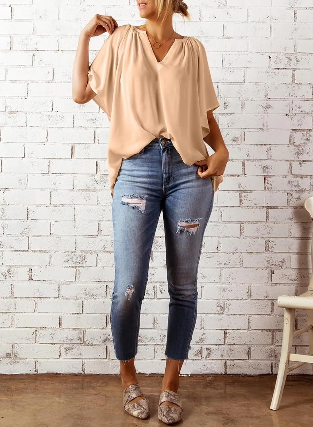 Dokotoo Womens Summer Tops V Neck Short Sleeve Shirts Business Work Chiffon Women Blouses