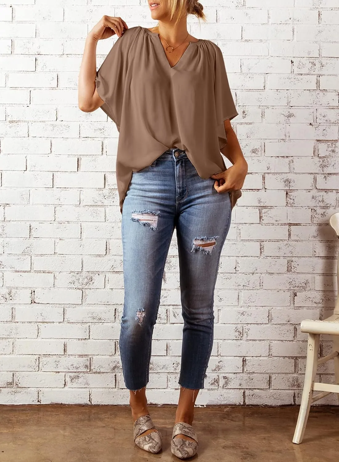 Dokotoo Womens Summer Tops V Neck Short Sleeve Shirts Business Work Chiffon Women Blouses