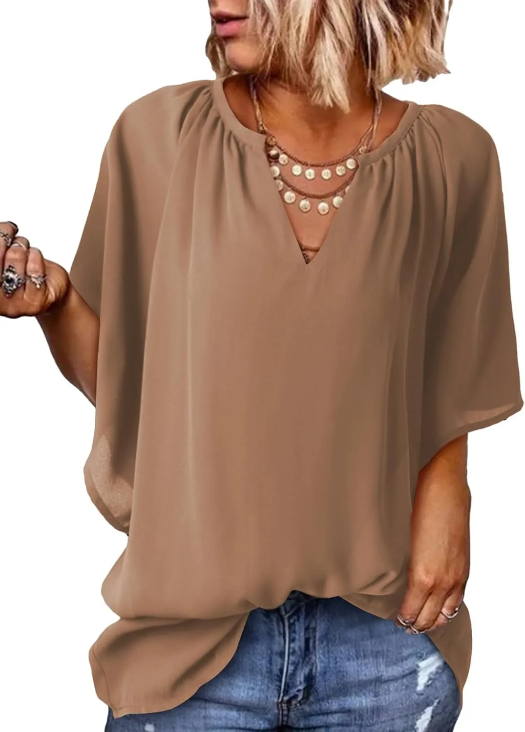 Dokotoo Womens Summer Tops V Neck Short Sleeve Shirts Business Work Chiffon Women Blouses
