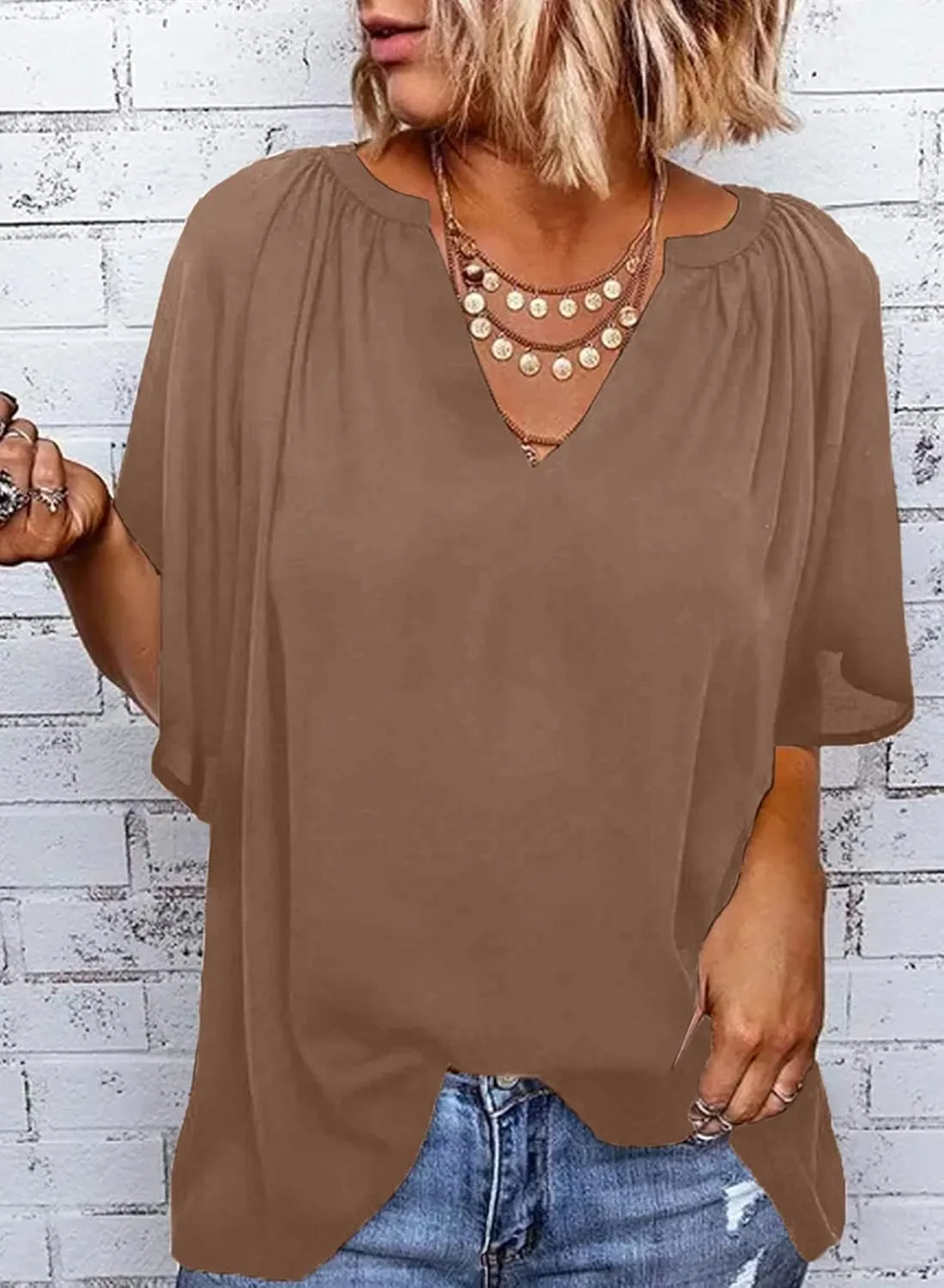 Dokotoo Womens Summer Tops V Neck Short Sleeve Shirts Business Work Chiffon Women Blouses