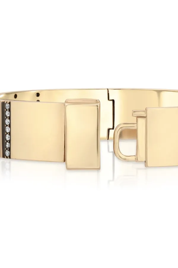 Double Diamond Stripe 14k Yellow Gold Bangle with Black Ruthenium Bevel Trim
