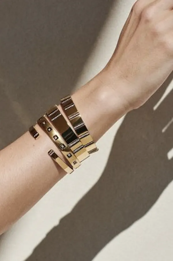 Double Diamond Stripe 14k Yellow Gold Bangle with Black Ruthenium Bevel Trim