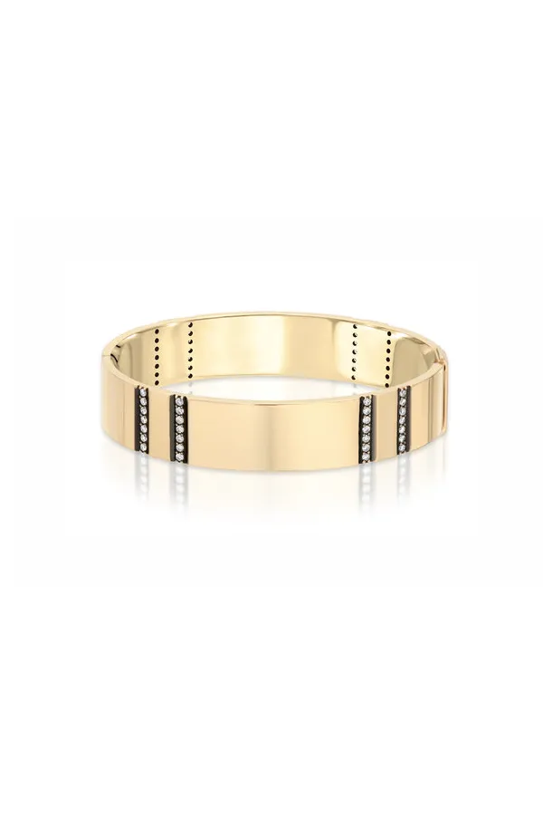 Double Diamond Stripe 14k Yellow Gold Bangle with Black Ruthenium Bevel Trim