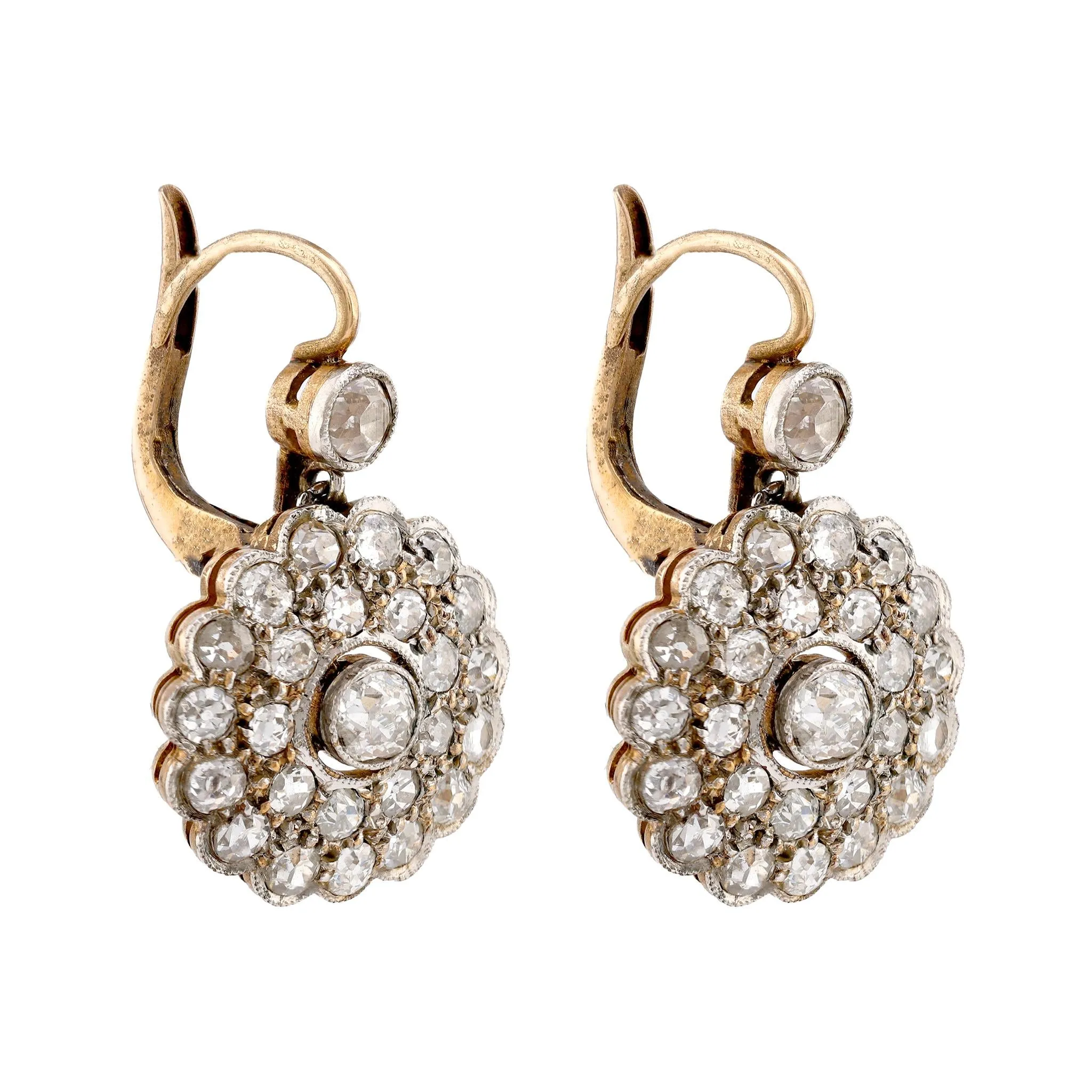 Edwardian Inspired 2.5 Carat Old Mine Diamond 18K Yellow Gold Cluster Earrings