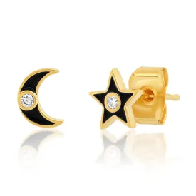 Enamel Star And Moon Studs