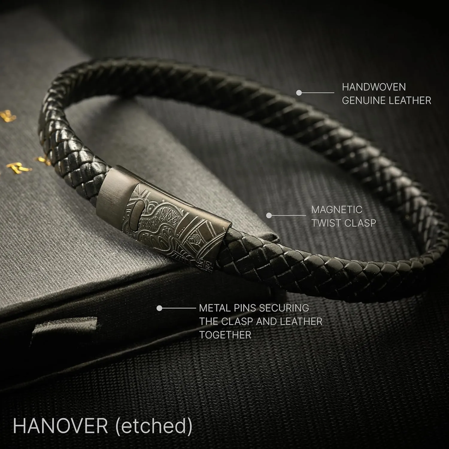 Forge & Foundry Men's Genuine Interwoven Leather Braided Bracelet with Matte Black Custom Engraved Stainless Steel Clasp | Hanover | Artist Collaboration Design