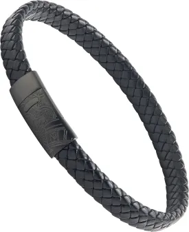 Forge & Foundry Men's Genuine Interwoven Leather Braided Bracelet with Matte Black Custom Engraved Stainless Steel Clasp | Hanover | Artist Collaboration Design