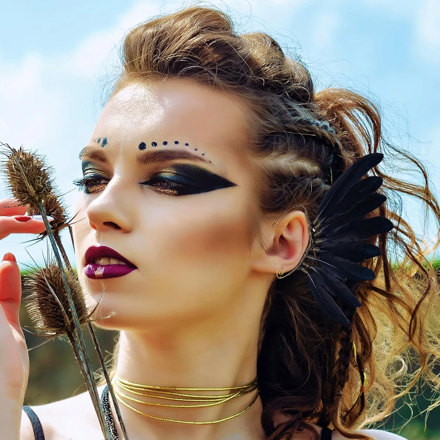 FRESHME Black Faux Feather Ear Cuffs - Indian Ethnic Plume Ear Clips Viking Tribal Earrings Bronze Wire Wrapped Fairy Elf Ear Cuffs Wraps Fantasy Jewelry for Unisex Cosplay Costume Dress Accessories
