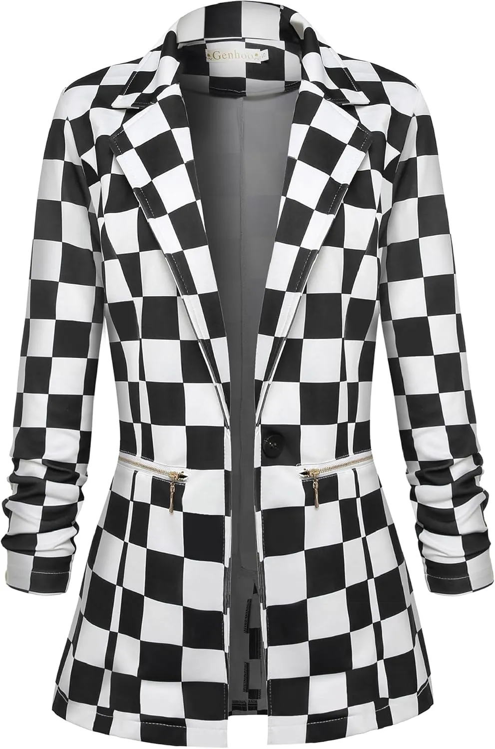 Genhoo Women's Long Sleeve Blazer Open Front Cardigan Jacket Work Office Blazer with Zipper Pockets S-3XL