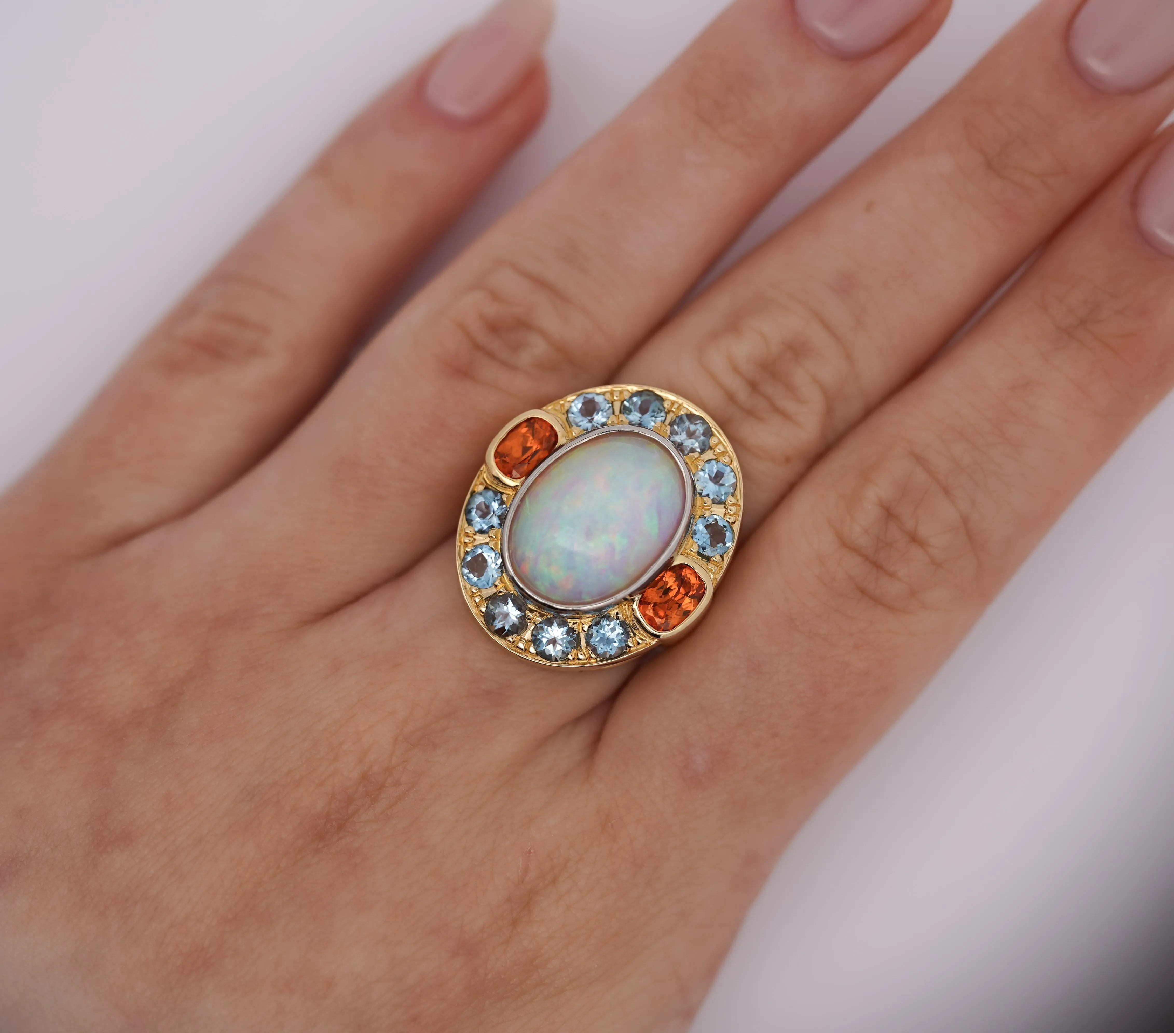 GIA Certified 8 Carat White Opal With Orange Garnet & Aquamarine Halo Ring