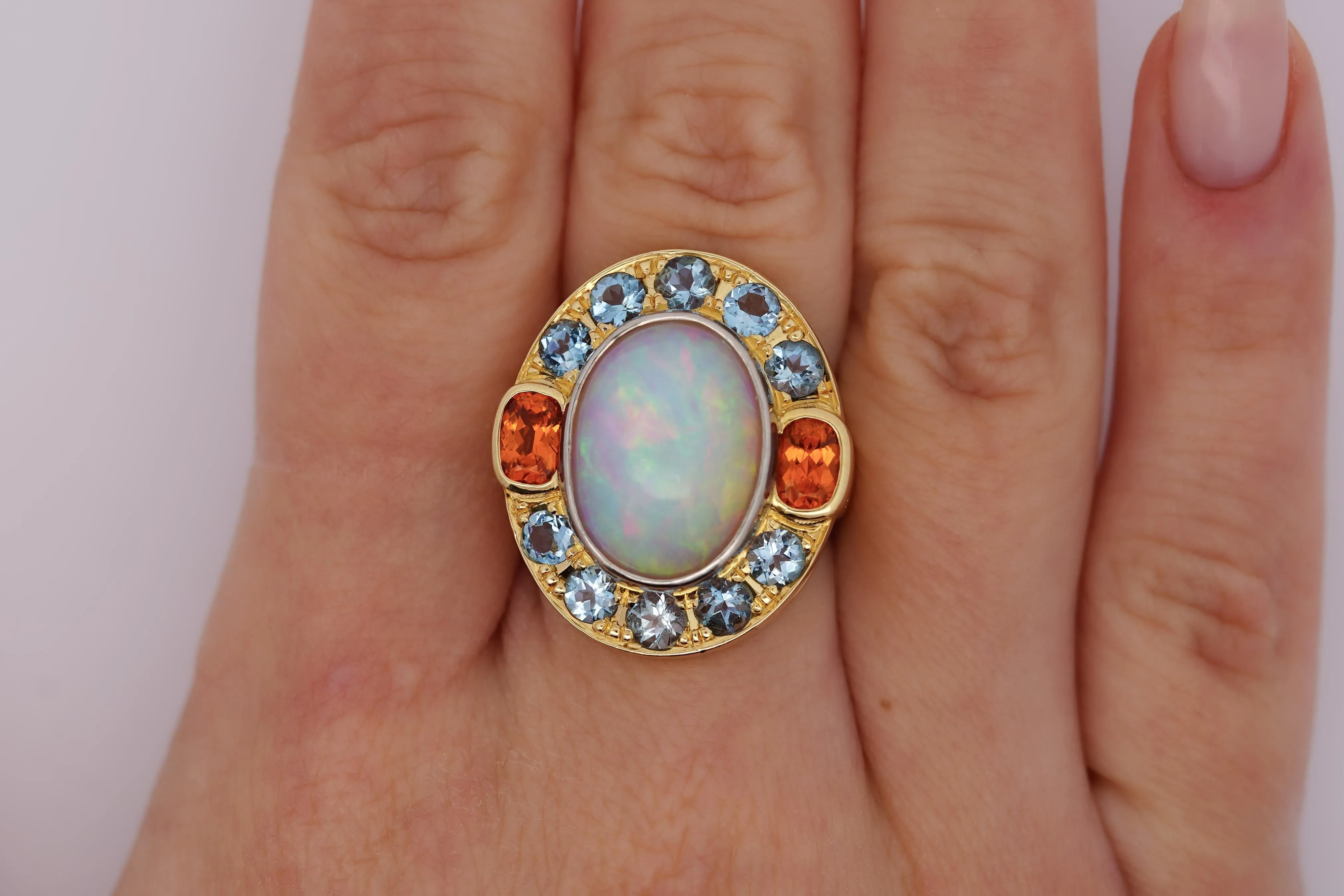 GIA Certified 8 Carat White Opal With Orange Garnet & Aquamarine Halo Ring