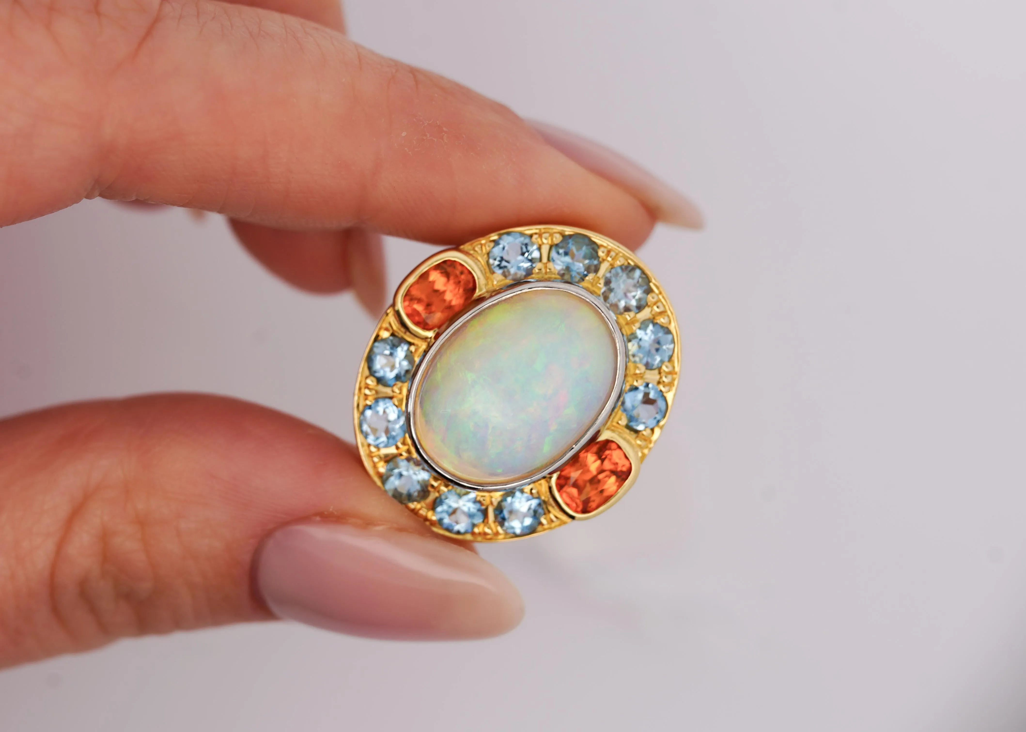 GIA Certified 8 Carat White Opal With Orange Garnet & Aquamarine Halo Ring
