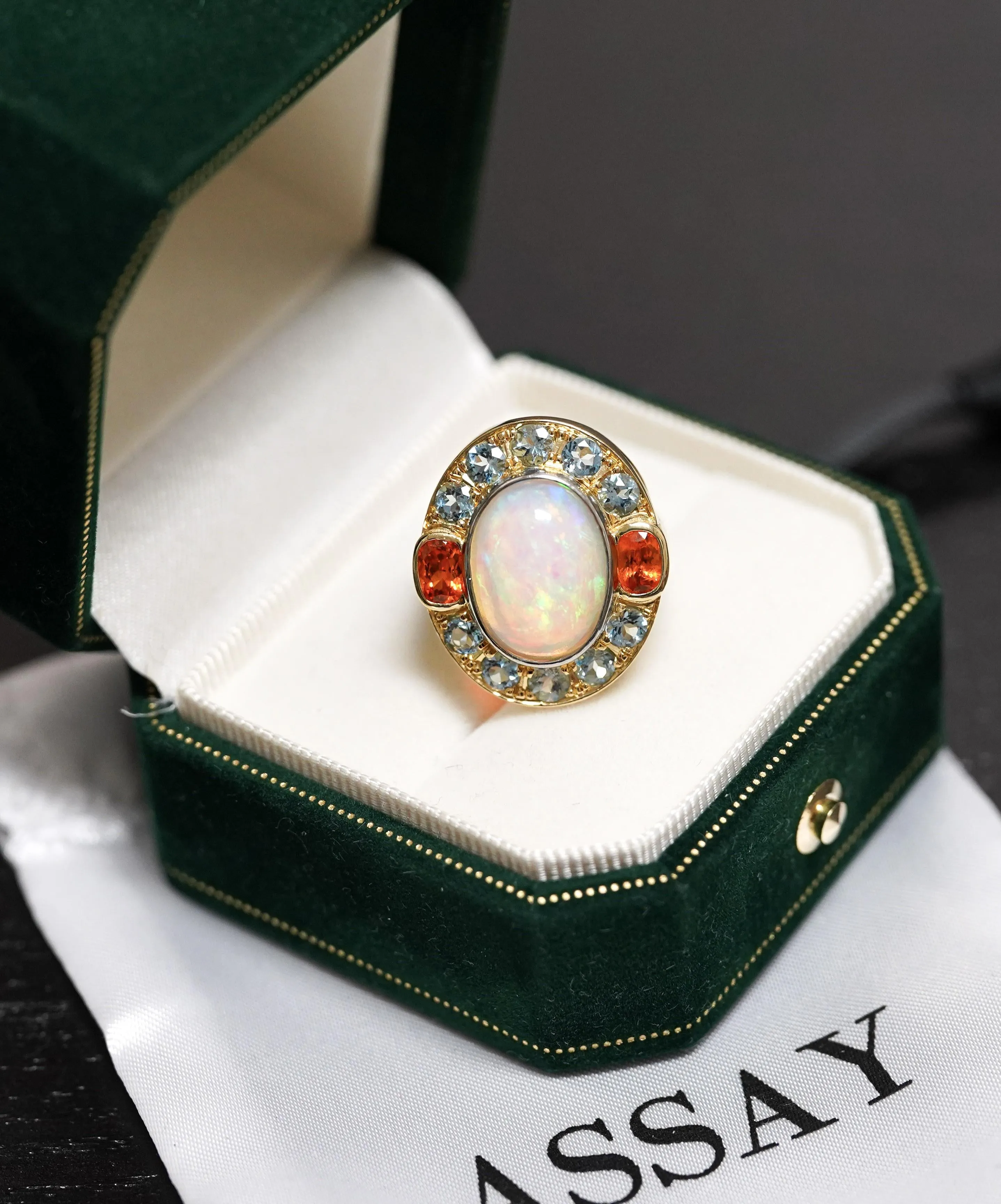 GIA Certified 8 Carat White Opal With Orange Garnet & Aquamarine Halo Ring