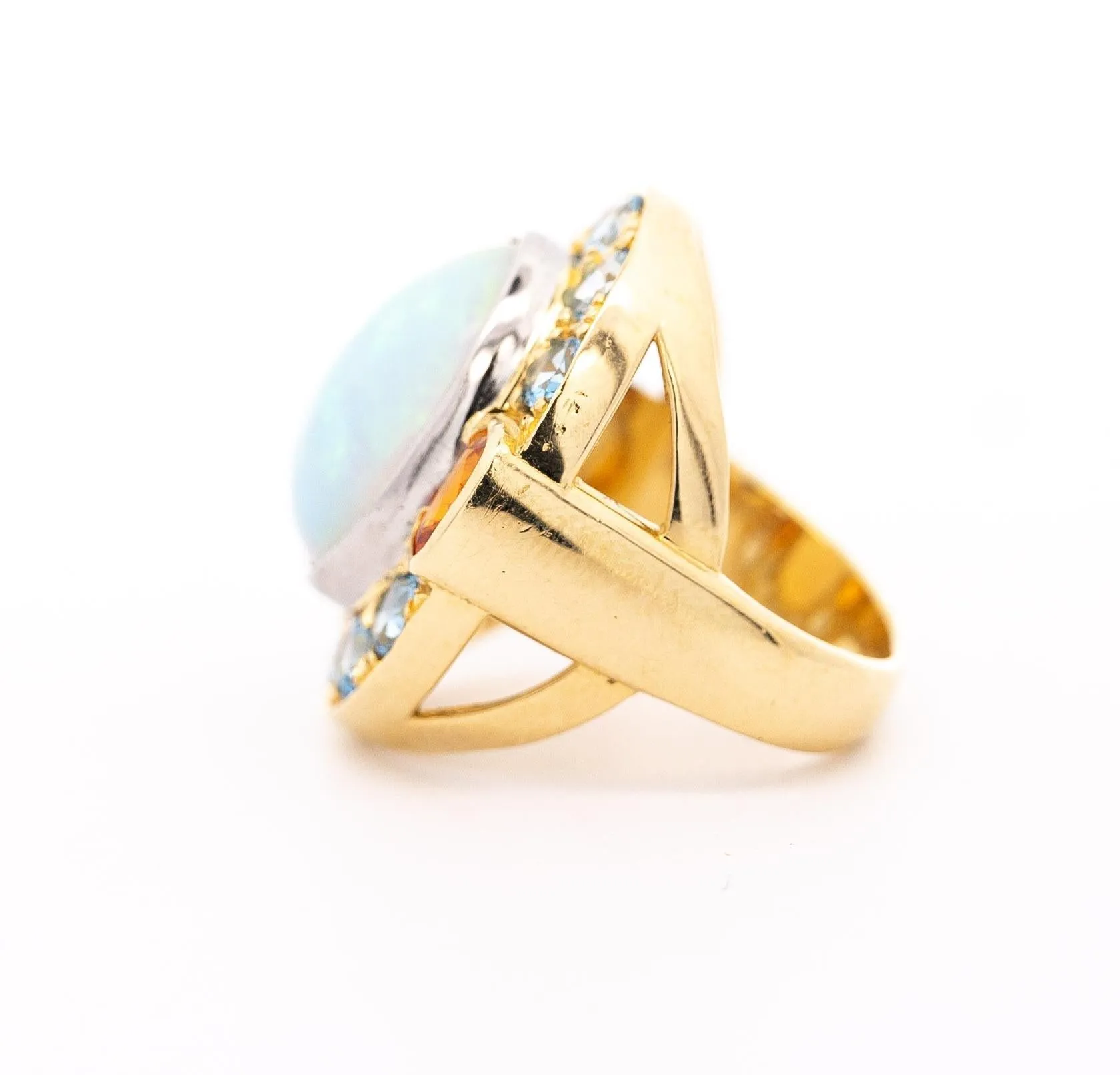 GIA Certified 8 Carat White Opal With Orange Garnet & Aquamarine Halo Ring
