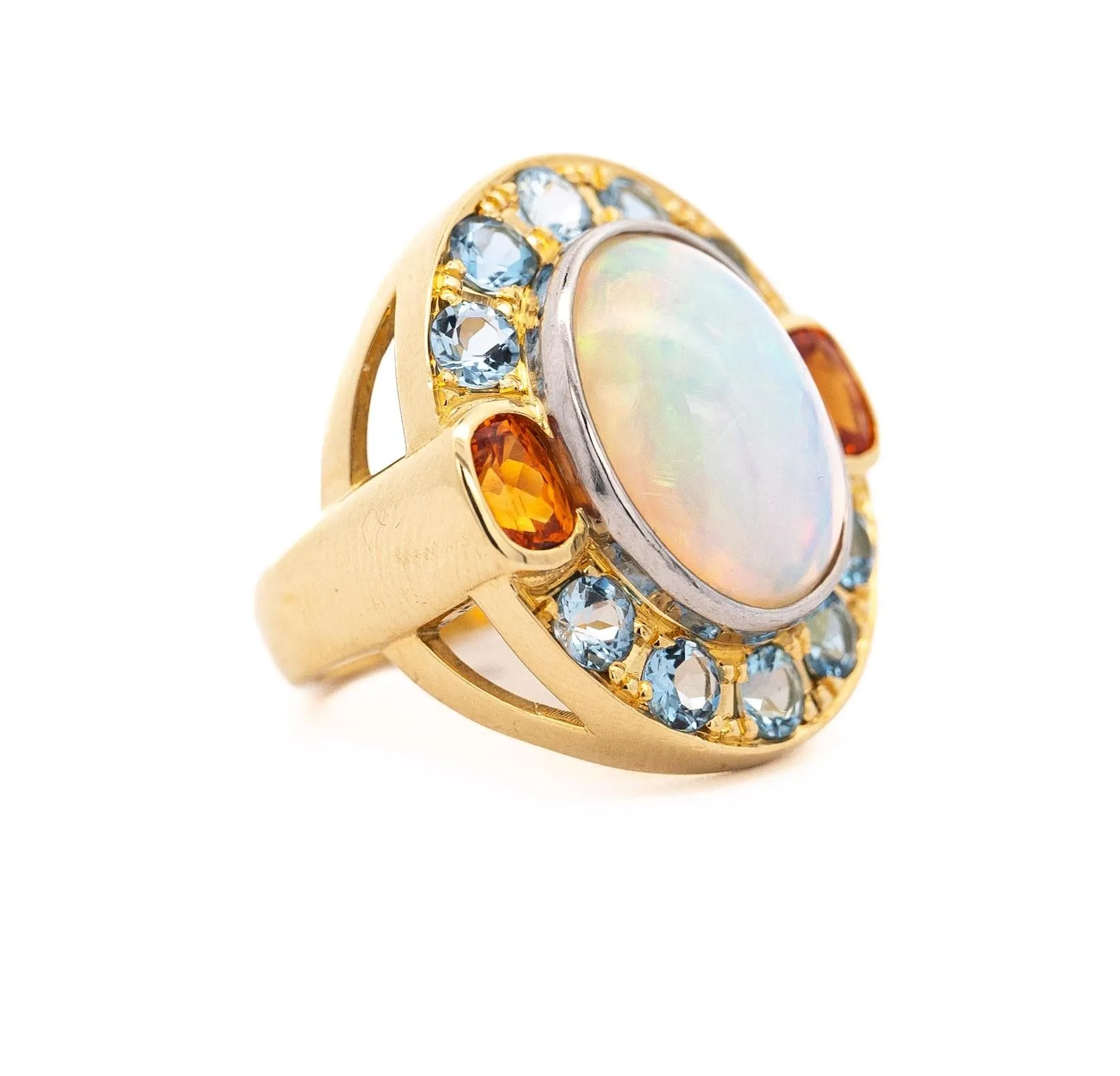 GIA Certified 8 Carat White Opal With Orange Garnet & Aquamarine Halo Ring