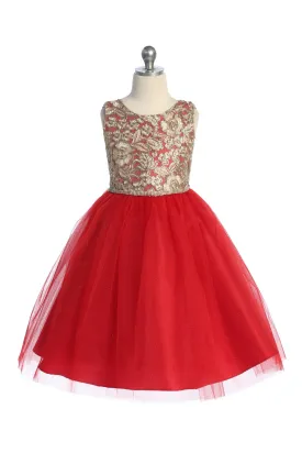 Gold Embroidered Lace V Back & Bow Plus Size Girls Dress