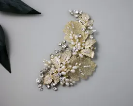 Gold Lace Leaf Wedding Clip with Cultured Pearls