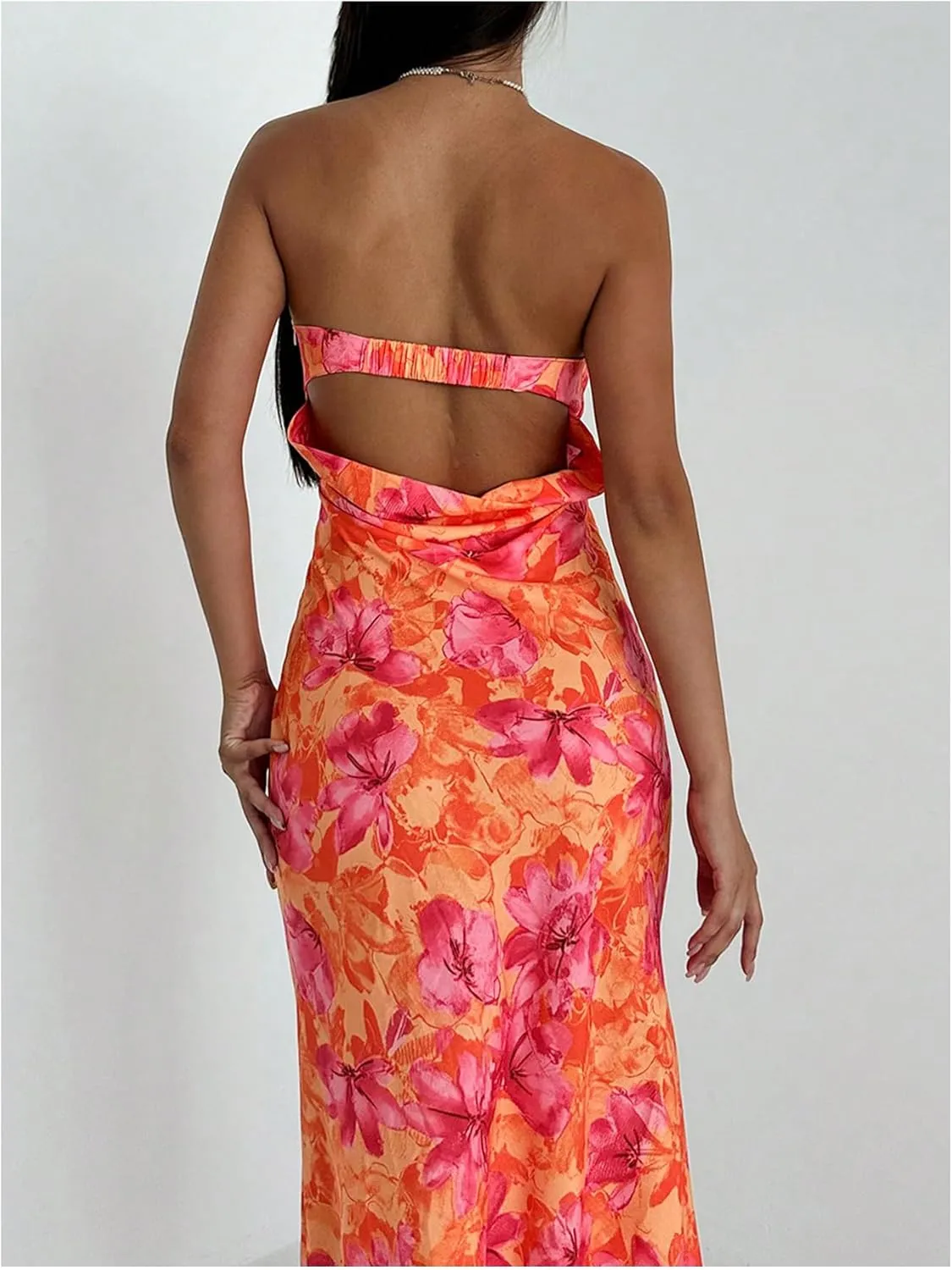 GORGLITTER Women's Floral Dress Ruched Strapless Bodycon Maxi Dresses