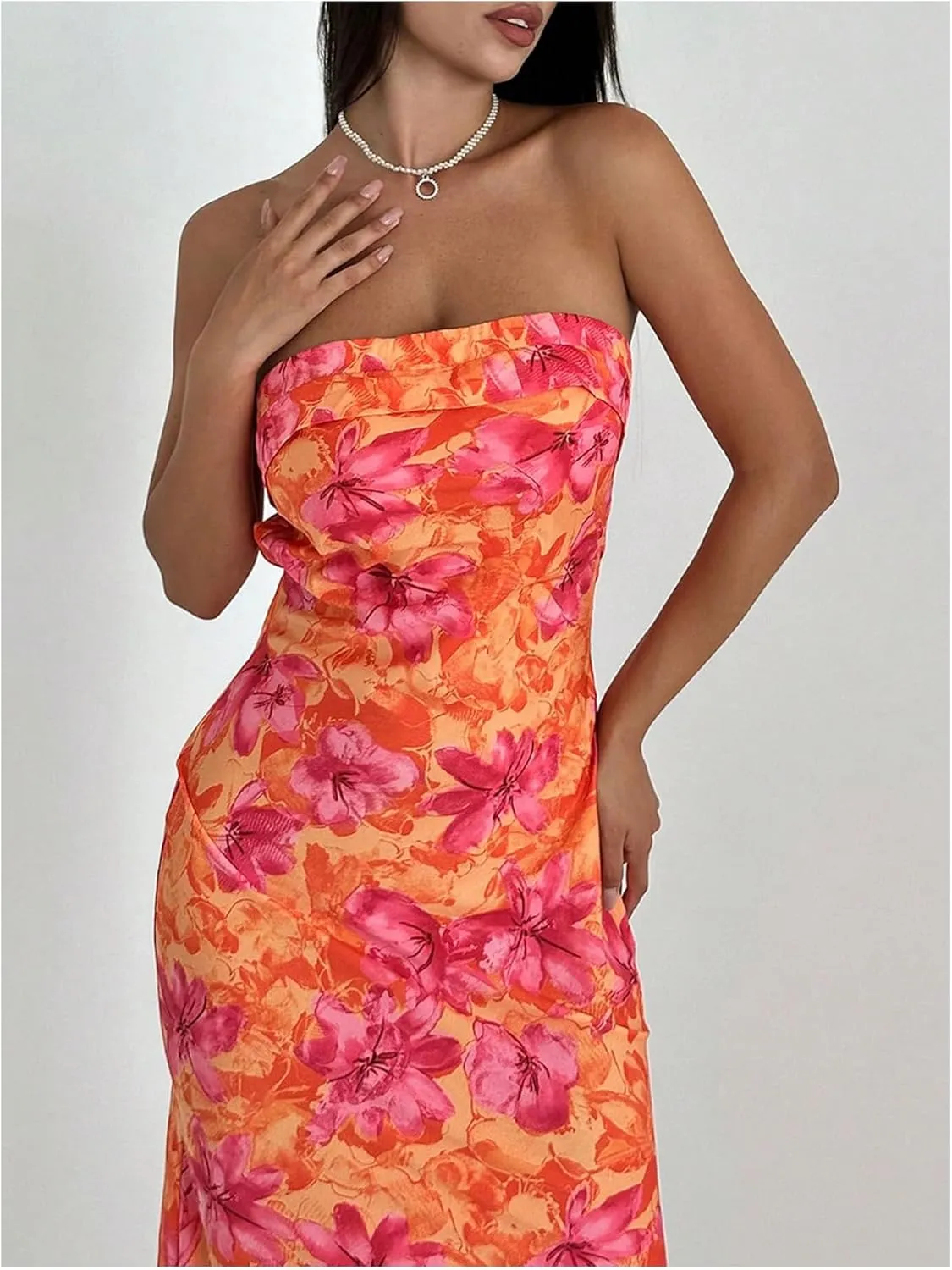 GORGLITTER Women's Floral Dress Ruched Strapless Bodycon Maxi Dresses