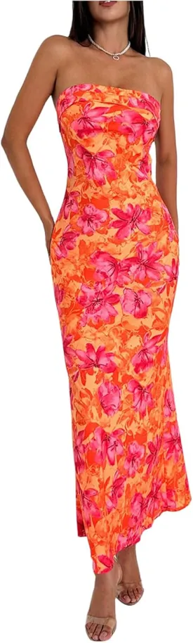 GORGLITTER Women's Floral Dress Ruched Strapless Bodycon Maxi Dresses